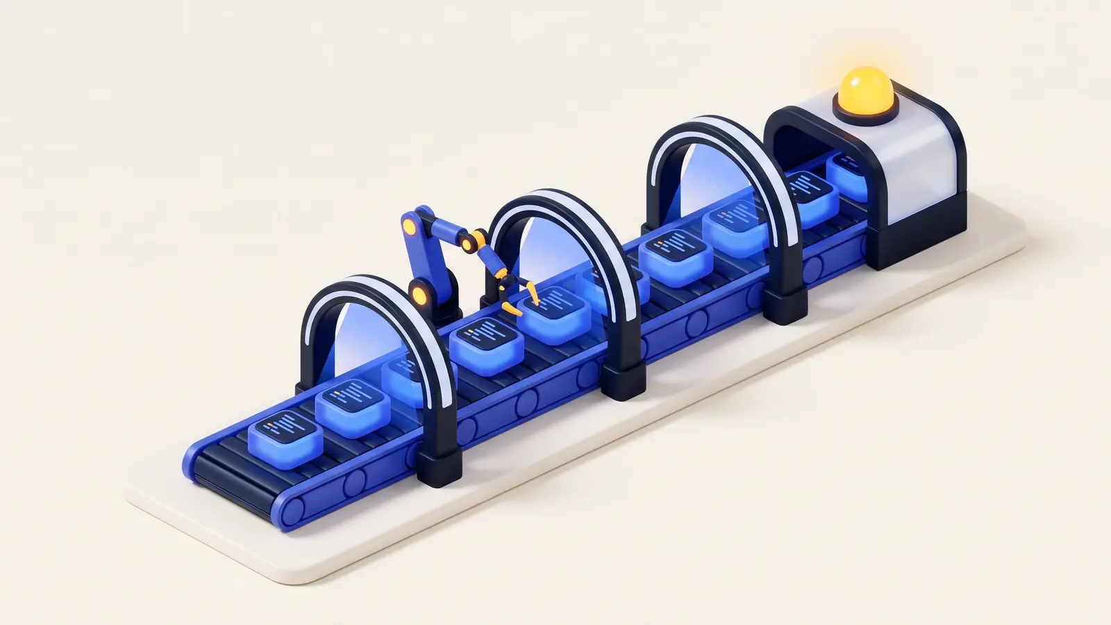 Illustration: an isometric 3D software factory where cobalt code blocks ride a conveyor through three scanner gates, past a small robotic arm, to a final station topped by a glowing marigold approval light