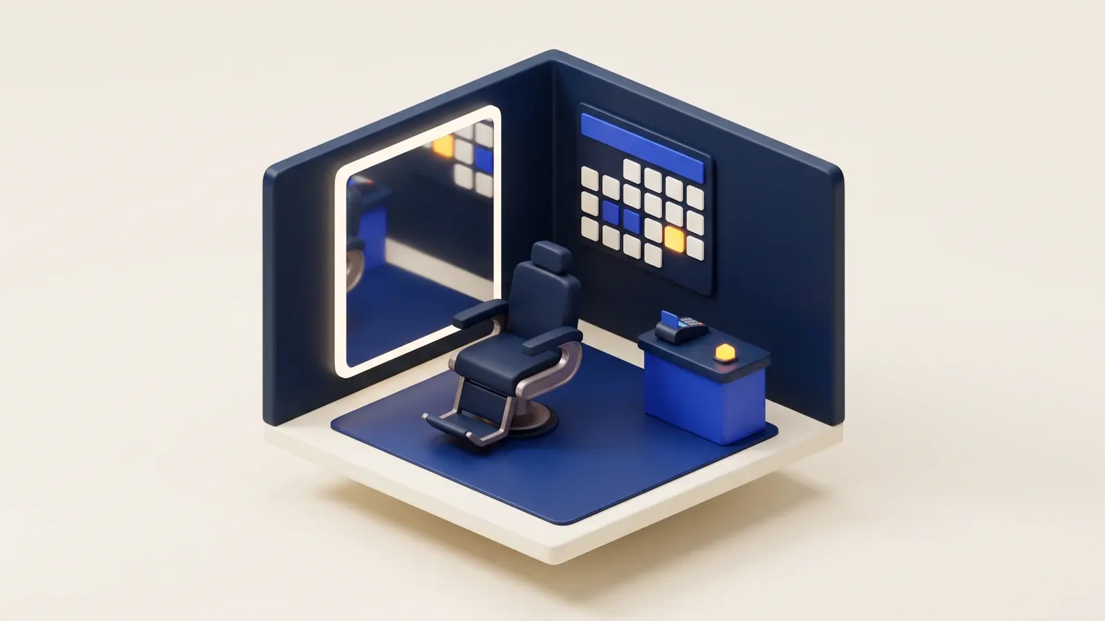 Illustration: an isometric 3D barbershop room with a navy barber chair facing a mirror, a wall calendar grid with one marigold square, and a small counter with a card terminal