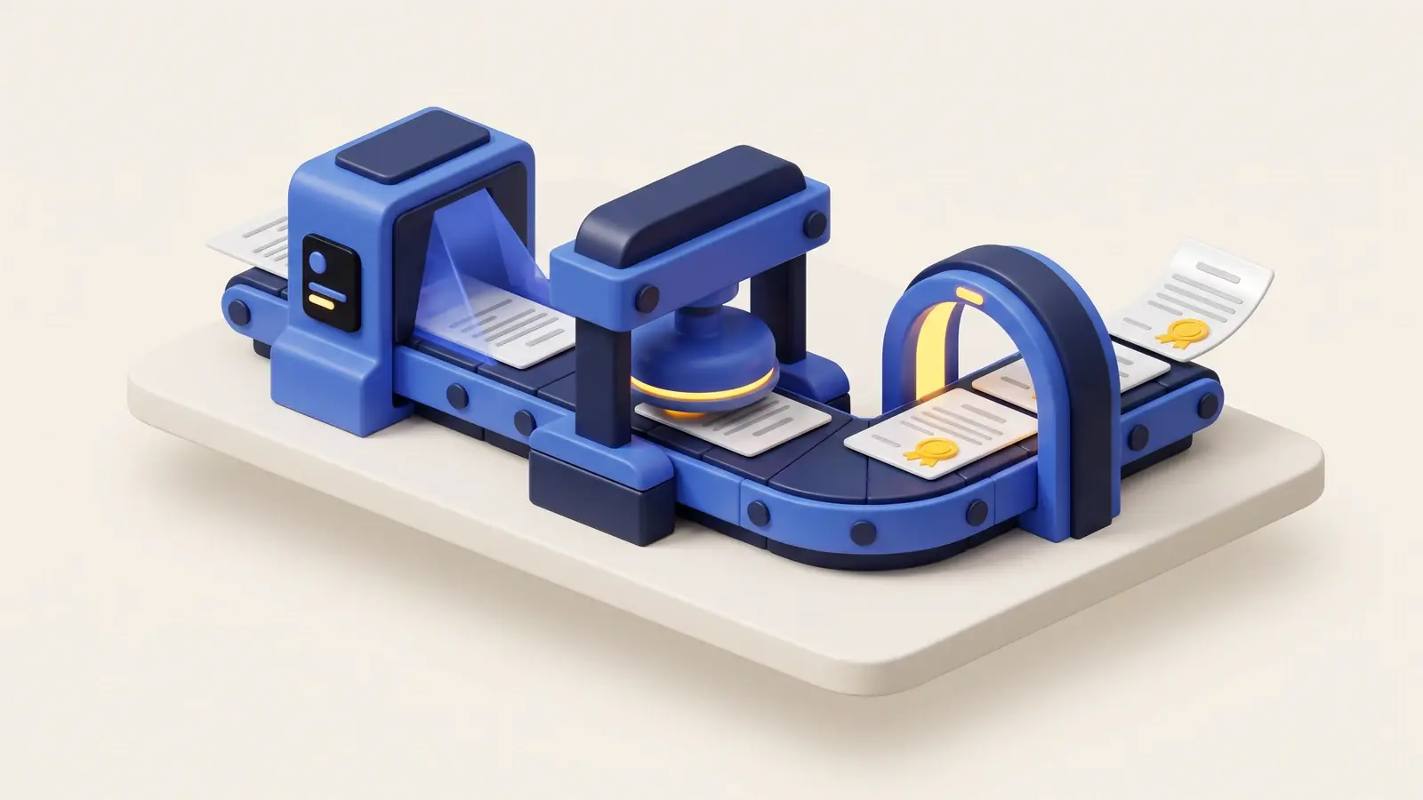 Illustration: an isometric 3D workshop where blank paper documents travel along a conveyor through a scanner, a press and a checking arch, and come out stamped with marigold seals