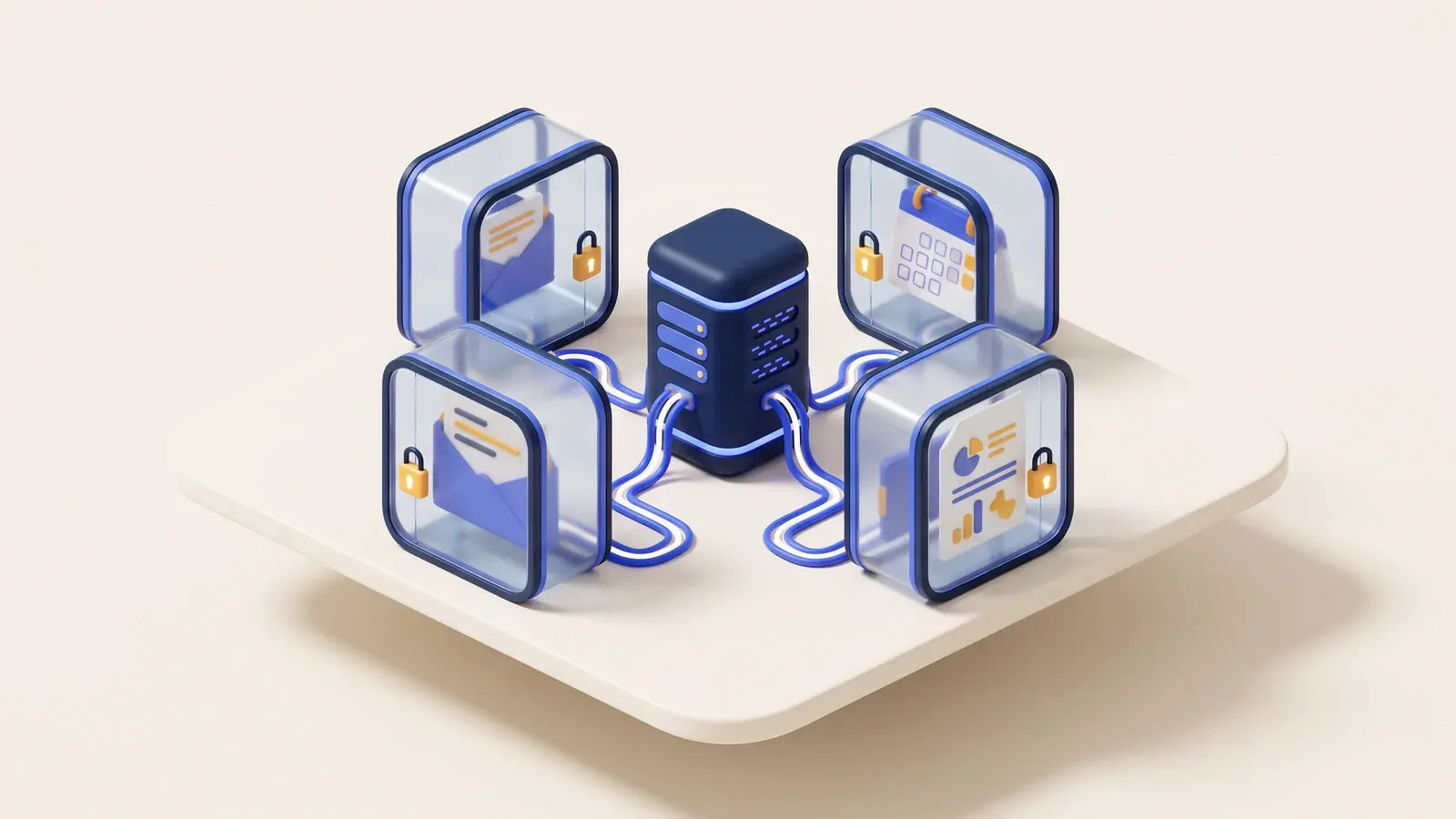 Illustration: an isometric 3D navy server tower cabled to four separate glass pods, each with its own marigold padlock and holding a mail, calendar or document object