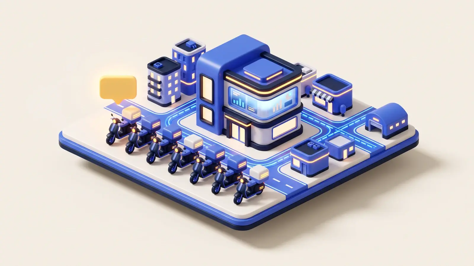 Illustration: an isometric 3D city block with a dispatch hub, a neat queue of delivery scooters, glowing cobalt route lines along the streets and a marigold chat bubble above the lead scooter
