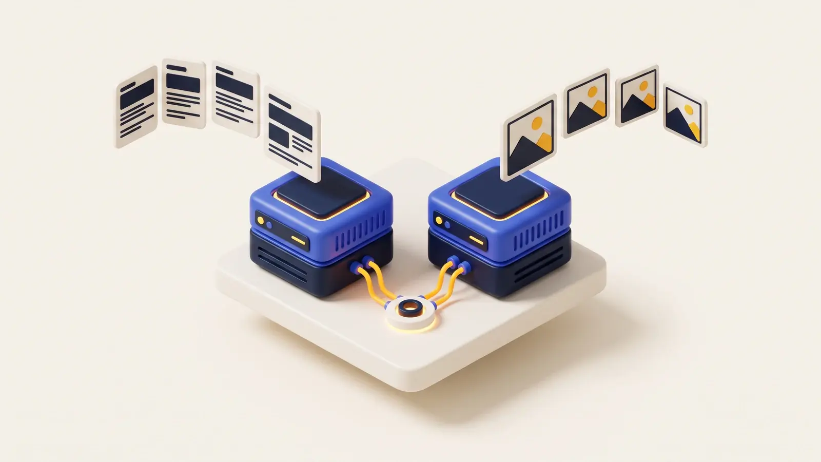 Illustration: two isometric 3D server units, one sending out a stream of article cards and the other a stream of framed pictures, both cabled into one central marigold-lit connector